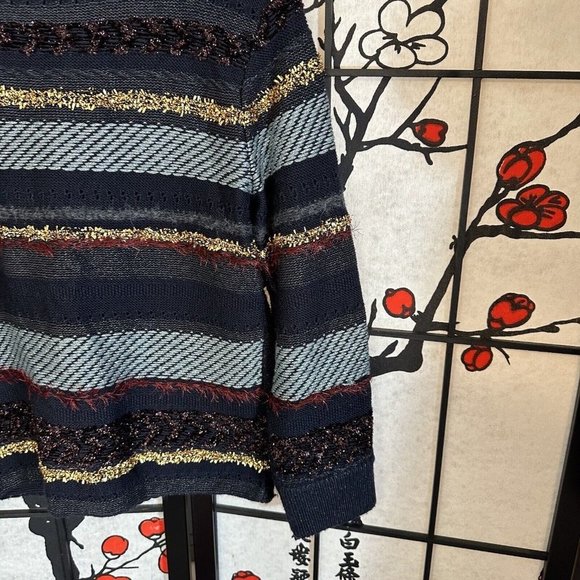 Tory Burch Sweater Stripe Metallic Merino Wool Alpaca Blend Danielle Navy Thick - Picture 7 of 11